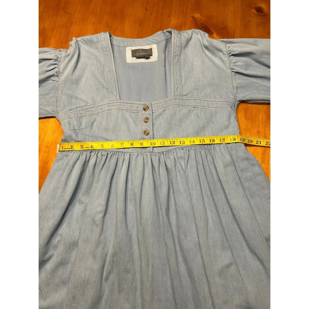 Anthropologie Cottagecore Babydoll‎ Light Wash Denim Mini Dress Puff Sleeve Boho - Picture 6 of 12
